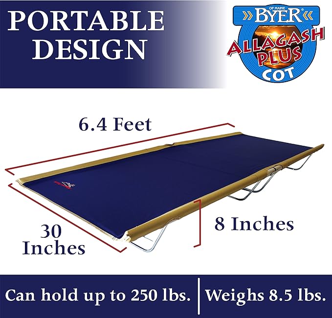 BYER OF MAINE, Allagash Plus, Cot, 76" L X 30" W X 8" H, Lightweight Cot, Extra Wide, Camping Cots Adult, Holds up to 250lbs, Single, Portable Camping Cot