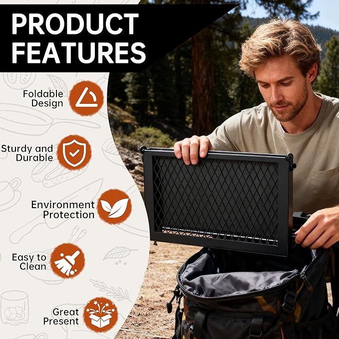 Folding Campfire Grill grate, Compact Height-Adjustable Fire Pit Grilling Grate, Heavy Duty Swivel Over Fire Cooking Grate with Handbag for Outdoor Camping Hiking Backpacking and Family Gatherings