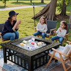 Greesum Multifunctional Patio Fire Pit Table, 32in Square Metal BBQ Firepit Stove Backyard Garden Fireplace with Spark Screen Lid and Rain Cover for Camping, Bonfire and Picnic, Copper Green