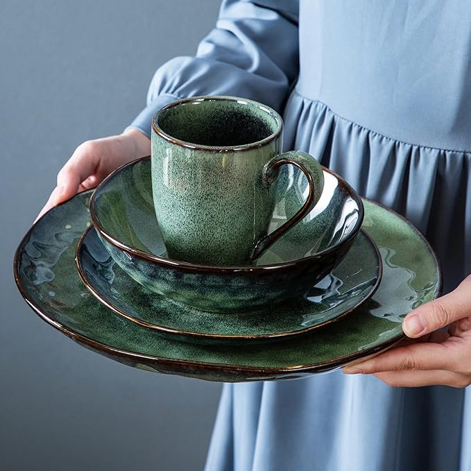 TEmkin 16 Pieces Starlight Green Tableware??, Kiln Glazed Tableware Tableware with Dinner Plate, Dessert Plate, Bowl, Cup