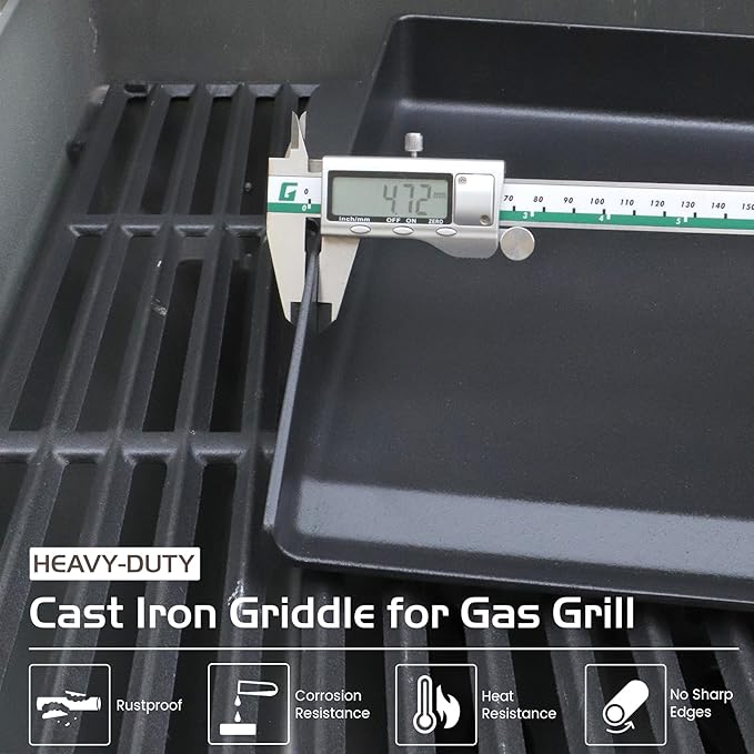 Cast Iron Griddle Gas Grill Pan Insert for Weber Charbroil Nexgrill Replacement Parts Universal Stove Top Flat Charcoal Cooking Plate Outdoor Camp Tailgating Teppanyaki Accessory 17" x 13"