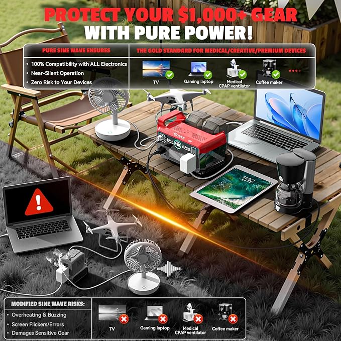 Ecarke 550W Portable Power Inverter Compatible with DeWALT 20V Battery, DC 18V to AC 110V Pure Sine Wave Power Station 2 AC Outlets, 2 USB-A&1 USB-C 20W, 600LM LED Outdoor Emergency Use (No Battery)