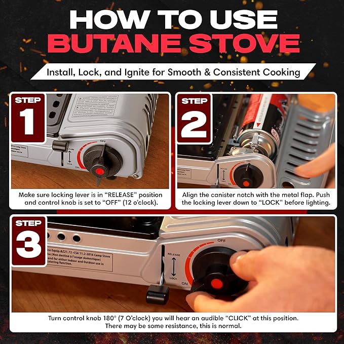 12,000 BTU Portable Butane Camping Stove with 4 x 8oz. Butane Fuel Canister Combo, Double Wind-Guard Portable Stove w/Carry Case for Road Trips, Camping, Tailgating & Emergencies by Chef Master 90235