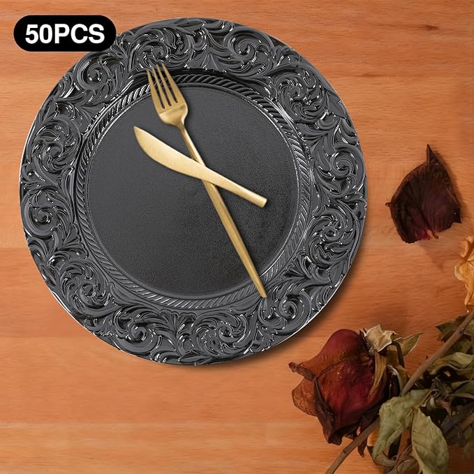 50 Pcs Black Charger Plates Bulk, 13" Round Dinner Charger Plates, Decorative Plastic Embossed Table Chargers for Wedding Holiday Party Baby Shower Event Decoration (Black)