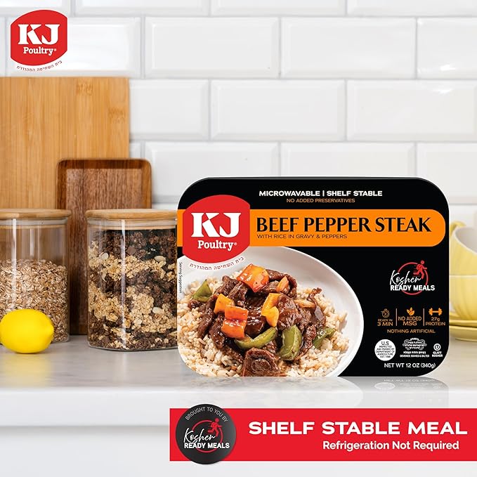 KJ Poultry Kosher Ready Meals - Beef Pepper Steak & Rice, MRE Meat Meals Ready to Eat (6 Pack) Prepared Entree Fully Cooked, Shelf Stable Microwave Dinner Travel, Military, Camping, Emergency Survival