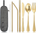 Portable Stainless Steel Flatware Set, Travel Camping Cutlery Set, Portable Utensil Travel Silverware Dinnerware Set with a Waterproof Case (Gold)