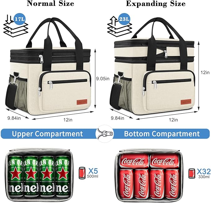 Coobiiya Large Expandable Insulated Lunch Bag Cooler Bag，12-23L Lunch Box for Men Double Deck Leakproof，Heavy Duty LunchBag Cooler Bags for Camping, Travel, Kayaking & Beach
