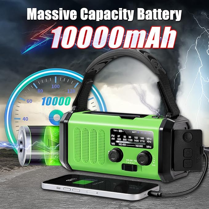 Emergency Radio with Solar/Hand Crank/USB Charging, 10000mAh Rechargeable Battery,NOAA/AM/FM Weather Radio with Multi-Function Flashlight and Cell Phone Charger for Indoor/Outdoor Emergencies