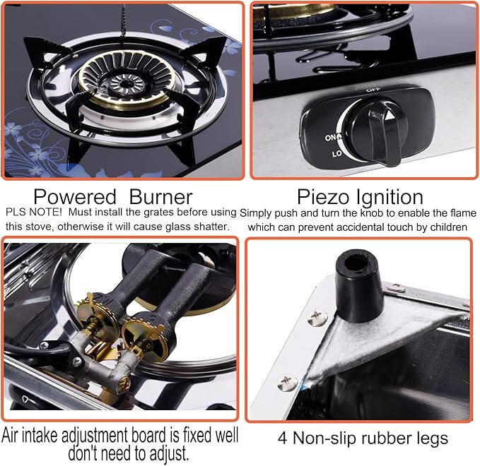 Hothit Gas Cooktop 2 Burner Outdoor Propane Stove, 28600 BTU, Portable Auto Ignition LPG Tempered Glass for camping, Courtyard Barbecue, RV Travel