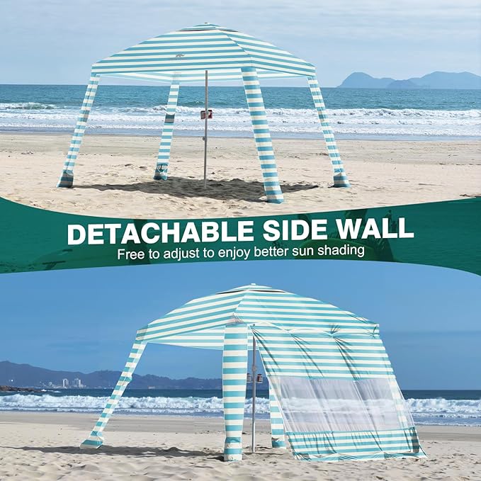 Rhino Valley Beach Cabana, 8 * 8FT Beach Tent UPF50+ Protection, Easy Setup Beach Canopy Wind Resistant with Cup Holder, Compact Beach Shade Foldable Beach Tent Sun Shelter, Light Blue Stripes