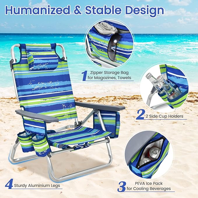 Tangkula Set of 4 Backpack Beach Chair, 5-Position Lay Flat Beach Chairs with Cooler Bag, 2 Cup Holders, Towel Bar, Lightweight Folding Beach Chair with Backpack Straps