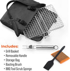 Stainless Steel Large Grill Basket with Removable Handle – 12.25 x 9.5 x 1.5 Inch BBQ Vegetable Basket with Easy Open Lid, Silicone Basting Brush & Scrub Sponge – Outdoor Cooking & Camping Accessory