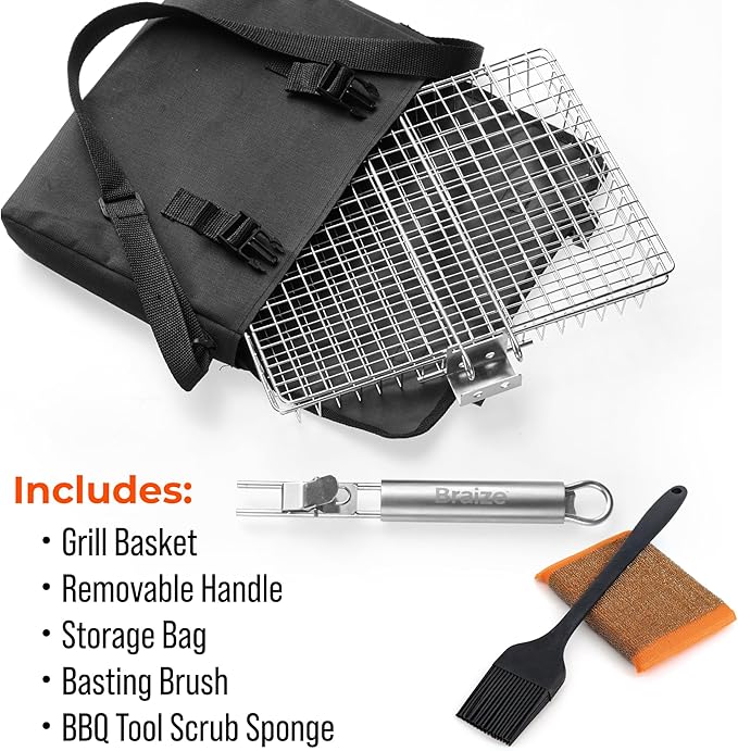Stainless Steel Large Grill Basket with Removable Handle – 12.25 x 9.5 x 1.5 Inch BBQ Vegetable Basket with Easy Open Lid, Silicone Basting Brush & Scrub Sponge – Outdoor Cooking & Camping Accessory