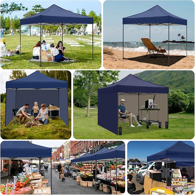 10x10 Durable Pop Up Canopy Tent with Sidewalls, Waterproof Attachable Tent Wall, Privacy Shade for Outdoor Events, Camping, Farmers Market (Navy Blue)