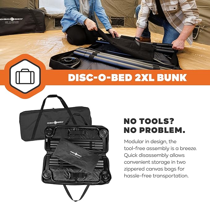Disc-O-Bed 2XL Outdoor Convertible 2 Person Bench and Double Camping Cot Portable Bed Bunk System for Adults, Black