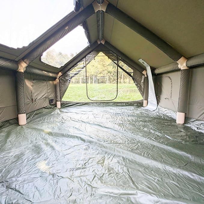 Inflatable Canvas Camping Tents with Stove Jack – Air Beam Blow Up Family Camping Tent for 2–6 People, Fast Setup Shelter with Hand Pump