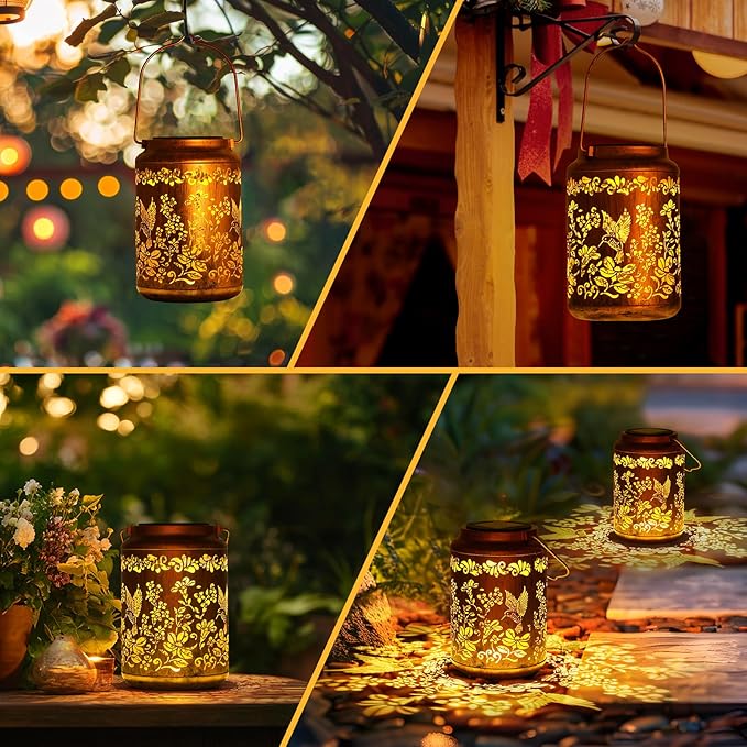 Solar Lanterns Outdoor Waterproof Solar Garden Lights Hummingbird Gifts for Women Mom Grandma 50LM LED Metal Hanging Lanterns with Handle Garden Decor Light for Table Pathway Walkway, 2 Pack