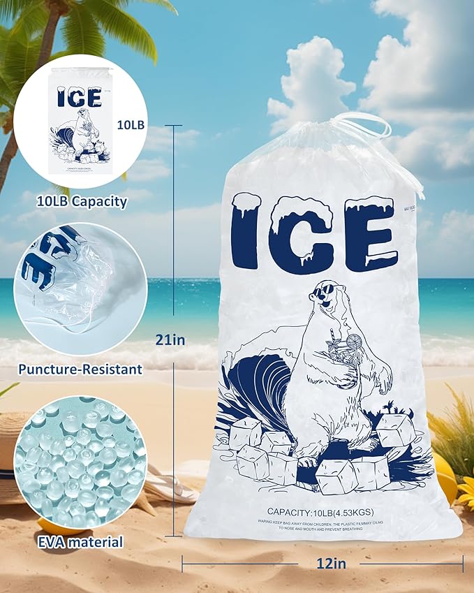 10Lb Ice Bags with Drawstring – 100 Pack Heavy-Duty Plastic Ice Storage Bags, Leak-Resistant & Freezer Safe, Reusable for Coolers, Events, Parties, Camping, Catering