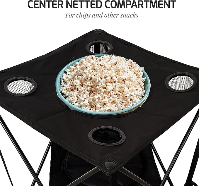 OVENTE Collapsible Folding Camping Table with Insulated Cooler, 4 Cup Holders, Food Basket and Travel Bag, Portable Tailgating Table for Fishing, Outdoor Barbecue or Beach Parties, Black POTC0014B
