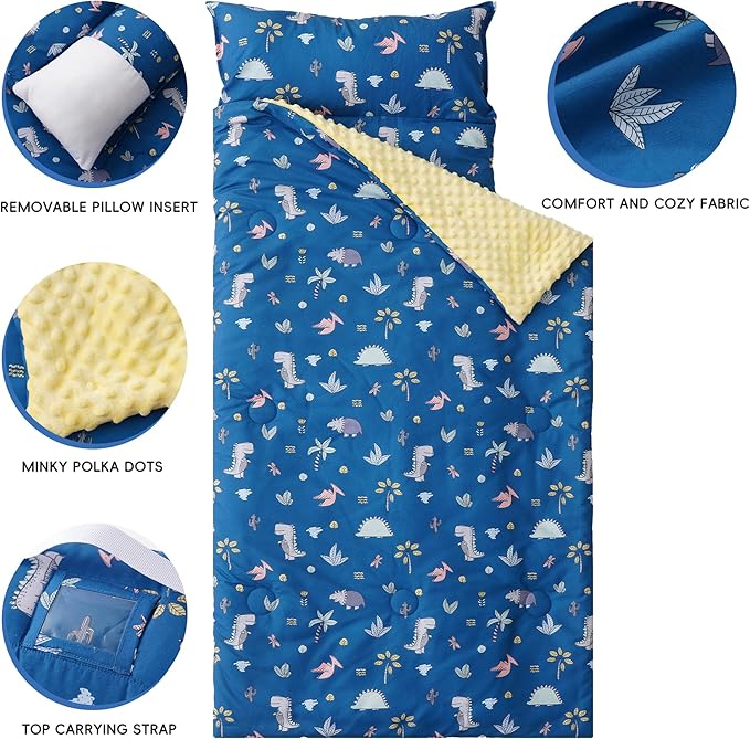 Bunnikins & Clover Toddler Nap Mat with Removable Pillow, Nap Mats for Preschool, Easy Clean Toddler Nap Pad for Kindergarten, Kids Sleeping Bag for Travel Camping