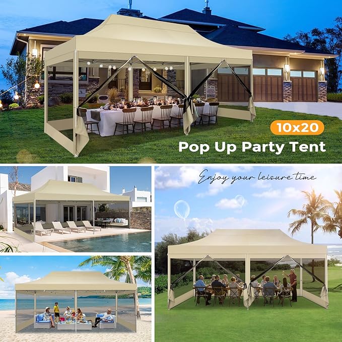 COBIZI 10x20 Heavy Duty Pop Up Canopy with 6 Sidewalls, Commercial Gazebo Party Tent with Mosquito Netting Wall Easy Set Up Outdoor Instant Screen Tent for Backyard, Patio, Garden, Khaki