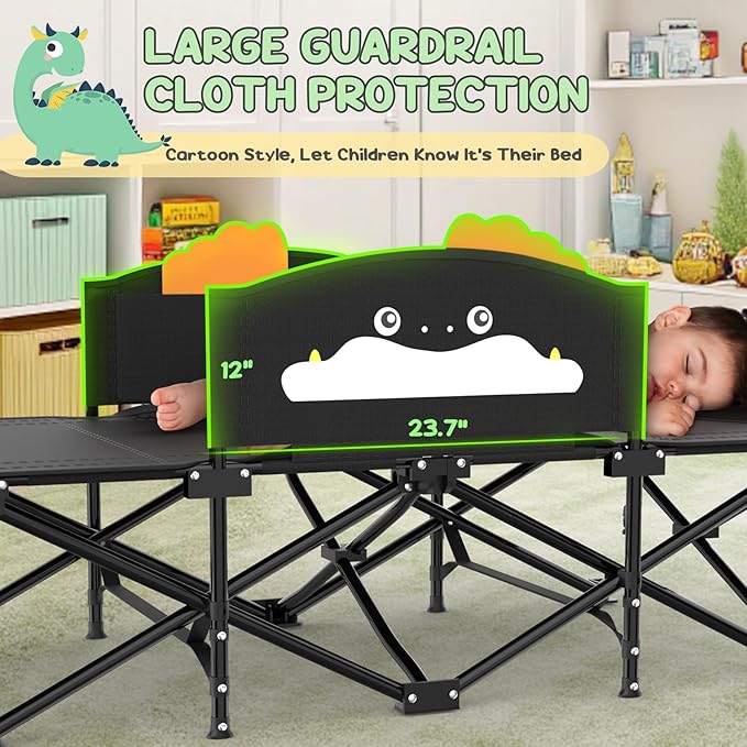 Slendor Toddle Cot, Toddler Portable Bed w/Cartoon Handrail, Blanket (5ft x 4ft), Folding Toddler Cots for Camping, Travel Bed, Extra Long Cot Length 56", Support 330 Lbs, Black