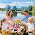 Dual Head Portable Rechargeable Fan 20000mAh Battery Powered Camping Fan Cordless with LED Lantern & Remote, Auto Oscillation, Hook, Battery Operated for Tent Office Travel Picnic Jobsite Orange