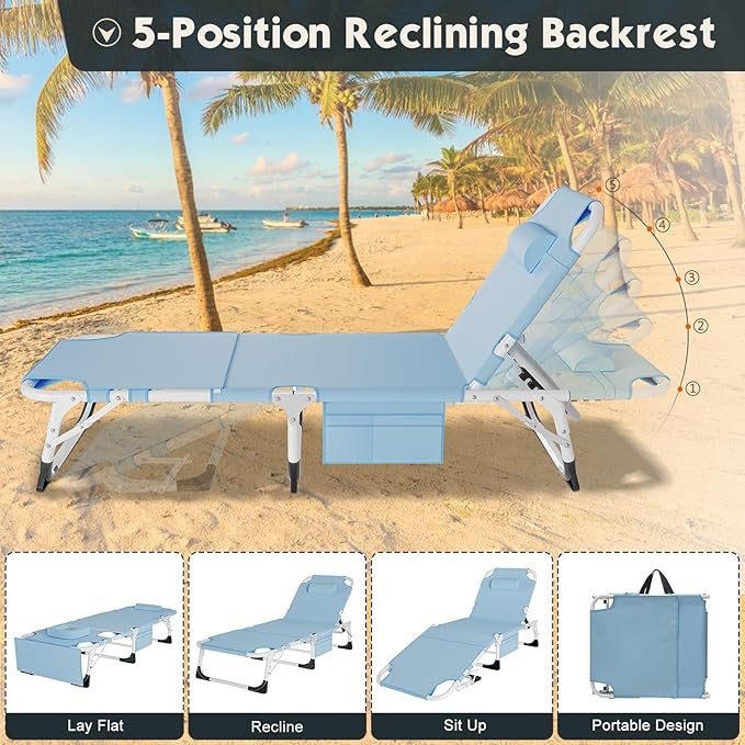 MOPHOTO Beach Lounge Chair, 5-Position Adjustable Tanning Chair with Face Hole, Heavy Duty Folding Chaise Lounge for Beach, Pool, Patio & Sunbathing