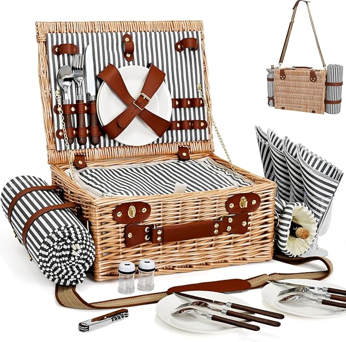 Picnic Basket with Blanket and Wine Pouch for 4, Wicker Picnic Set with Insulated Liner Cooler Bag Hamper for Camping,Wedding - Stripes