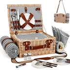 Picnic Basket with Blanket and Wine Pouch for 4, Wicker Picnic Set with Insulated Liner Cooler Bag Hamper for Camping,Wedding - Stripes
