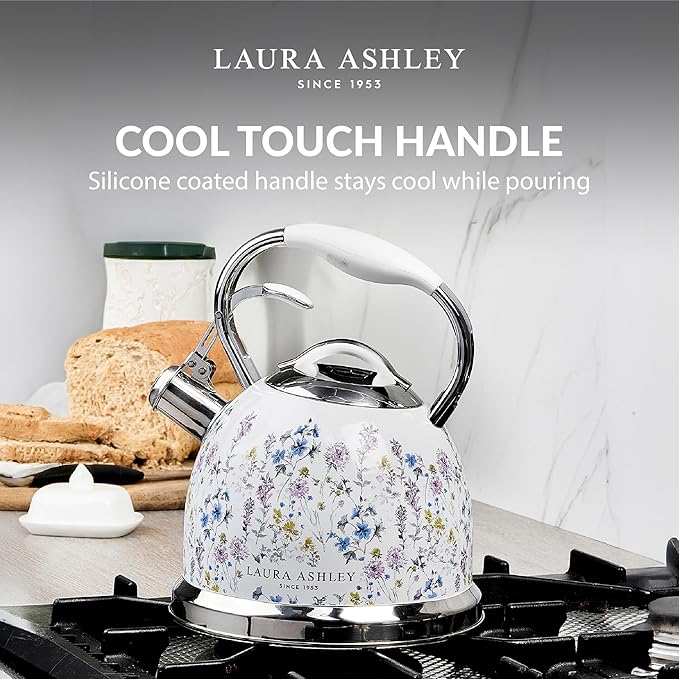 VQ Laura Ashley Wild Meadow 2.5L Stainless Steel Tea Kettle Stovetop Whistling Teapot for Induction, Gas Hob or others. Silicon Coated Cool Handle & Push Button Mechanism Vintage Stove Top Kettle
