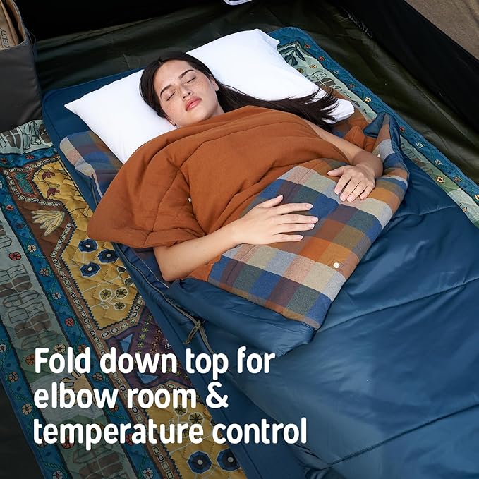 Kelty Wayback Flannel Lined Sleeping Bag, Built in Blanket, Traditional Rectangle Shape, Organic Flannel Cotton Liner, Dual Locking Slide Zips