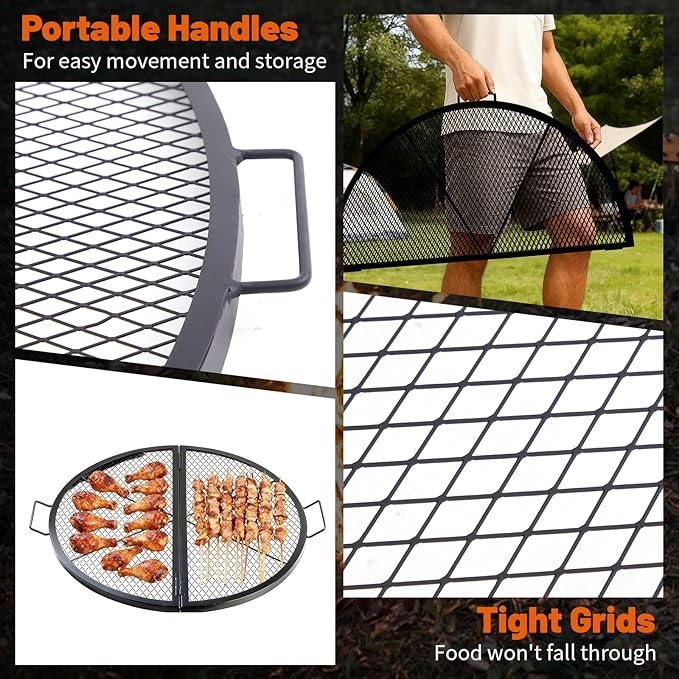 40 Inch X-Marks Fire Pit Grill Grate Round Foldable Fire Pit Cooking Grate Heavy Duty Steel Campfire BBQ Grill Grid with Handles for Outdoor Camping Cooking, Black