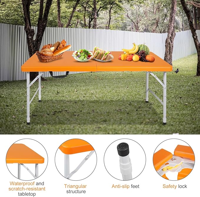 Portable 4Ft Folding Table, Heavy Duty Plastic Fold-in-Half Utility Foldable Table Small, Adjustable Height Plastic Folding Table with Carrying Handle for Camping &Party Indoor/Outdoor(Orange)