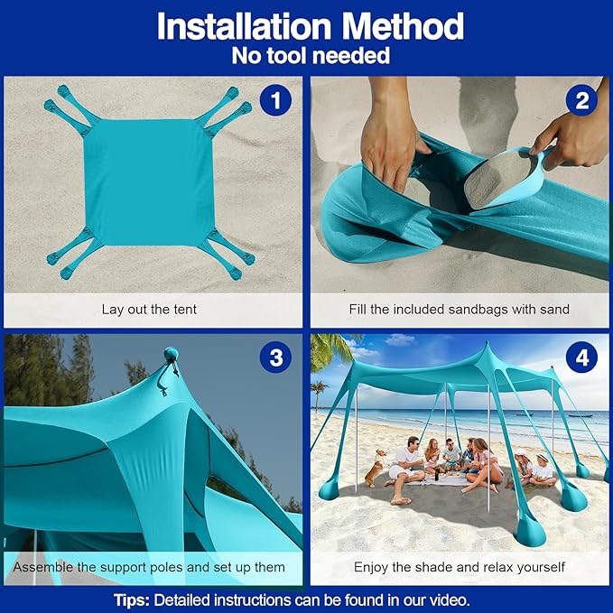 Rhino Valley Beach Tent Shade Canopy UPF50+ Protection, 8 Sandbags, 4 Stability Poles, Outdoor Sun Shelter Umbrella for Sand, Camping, Fishing Essentials