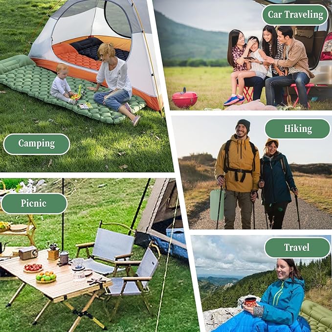 MEI&CO Ultra-Light Inflatable Sleeping Pad with Built-in Pillow & Foot Pump – for Camping, Hiking & Backpacking – Single Pad with Side Buttons for Double Conversion (1, Green)