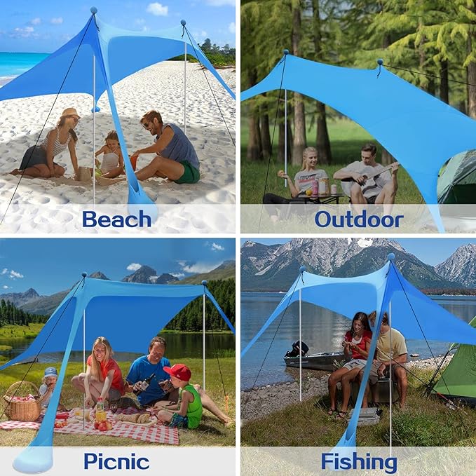 Beach Canopy Beach Tent Sun Shelter 7.5X7.5 FT Beach Shade Canopy UPF50+ Sun Protection Windproof Ropes Carry Bag Easy to Setup for Family Outdoor Camping