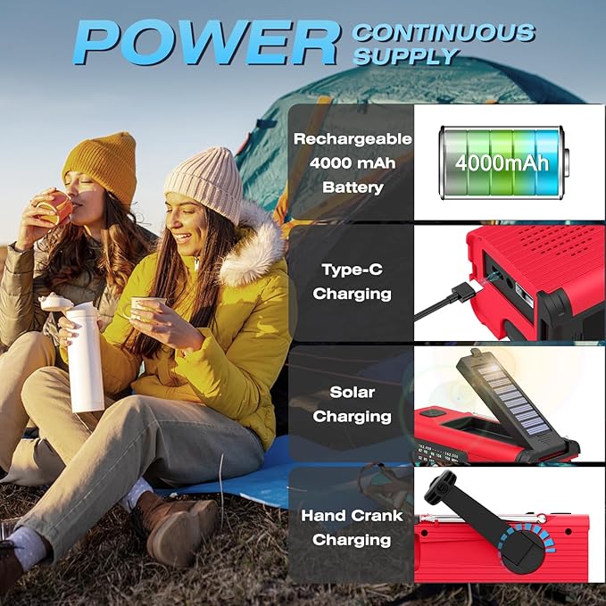 Emergency Weather Radio NOAA AM FM WB with 4000mAh Rechargeable Radio, USB Solar Hand Crank Charging, Flashlight, SOS Alarm, Reading Lamp Portable for Outdoor Indoor Emergencies, 2 Pack