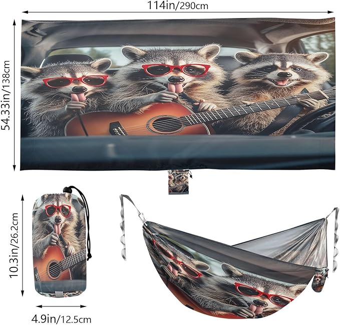 Cute Raccoons with Glasses Camping Hammock Single Portable Hammocks 330 lbs Capacity with 2 Tree Straps and Attached Carry Bag,Perfect for Outdoor,Indoor,Beach,Camping,Travel