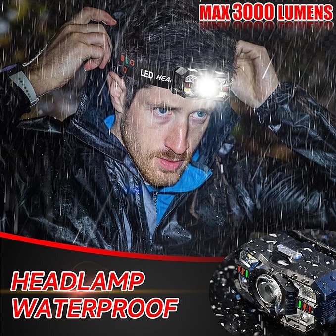 Headlamp Rechargeable 30Pack, 3000 Lumen Ultra-Light Bright Headlamp Flashlight with White Red Light, LED Headlight, 5+5 Mode for Outdoor Camping Fishing Running Hiking (30)