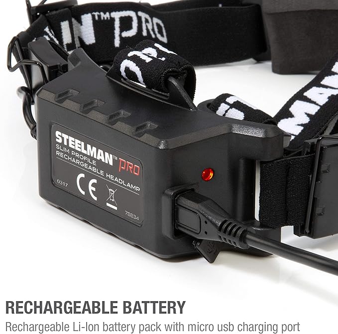 Steelman Slim Profile Rechargeable LED Motion-Activated Headlamp, 250-Lumen, 3 Brightness Settings, 20-Meter Range, Water-Resistant