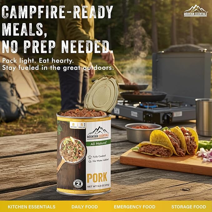 MOUNTAIN ESSENTIALS Canned Pork 14.5 oz – Fully Cooked, Ready to Eat – Pantry Staple Meat for Everyday Meals, Premium Emergency Survival, Bulk Food Storage, Camping, Hiking & Quick Meals – 5-Year Shelf Life – Made in USA – Gluten Free, No Carbs Pack of 1
