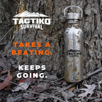 Tactiko Survival 25 oz/750 ml Stainless Steel Wide Mouth Water Bottle, Single Wall Boil-Safe, Leakproof, BPA-Free with Carry Sleeve and Strap for Camping, Hiking, Outdoor Prep (Camo)