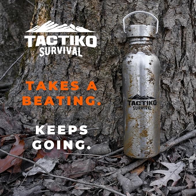 Tactiko Survival 25 oz/750 ml Stainless Steel Wide Mouth Water Bottle, Single Wall Boil-Safe, Leakproof, BPA-Free with Carry Sleeve and Strap for Camping, Hiking, Outdoor Prep (Pink)