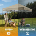 CROWN SHADES 8x8 Pop Up Canopy - Patented Center Lock One Push Instant Outdoor Canopy Beach Tent with STO-N-Go Bag 8 Stakes & 4 Sand Bags，Beige