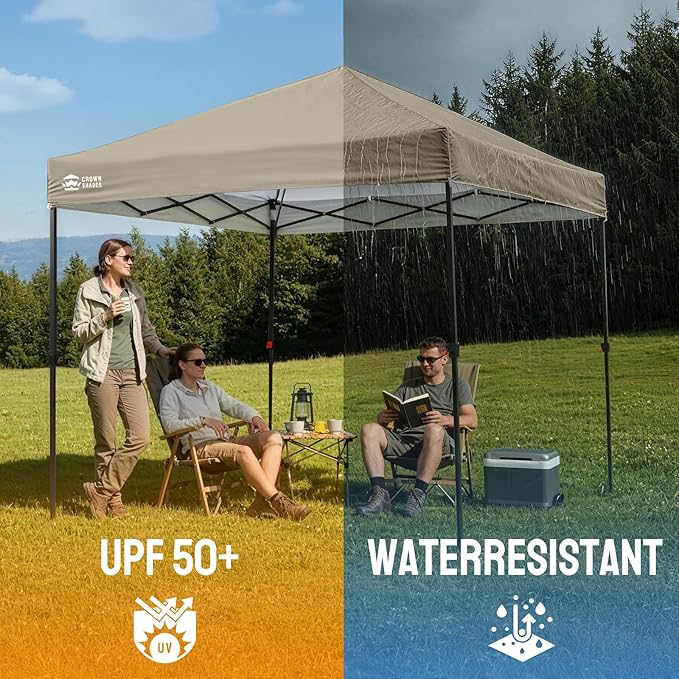 CROWN SHADES 8x8 Pop Up Canopy - Patented Center Lock One Push Instant Outdoor Canopy Beach Tent with STO-N-Go Bag 8 Stakes & 4 Sand Bags，Beige
