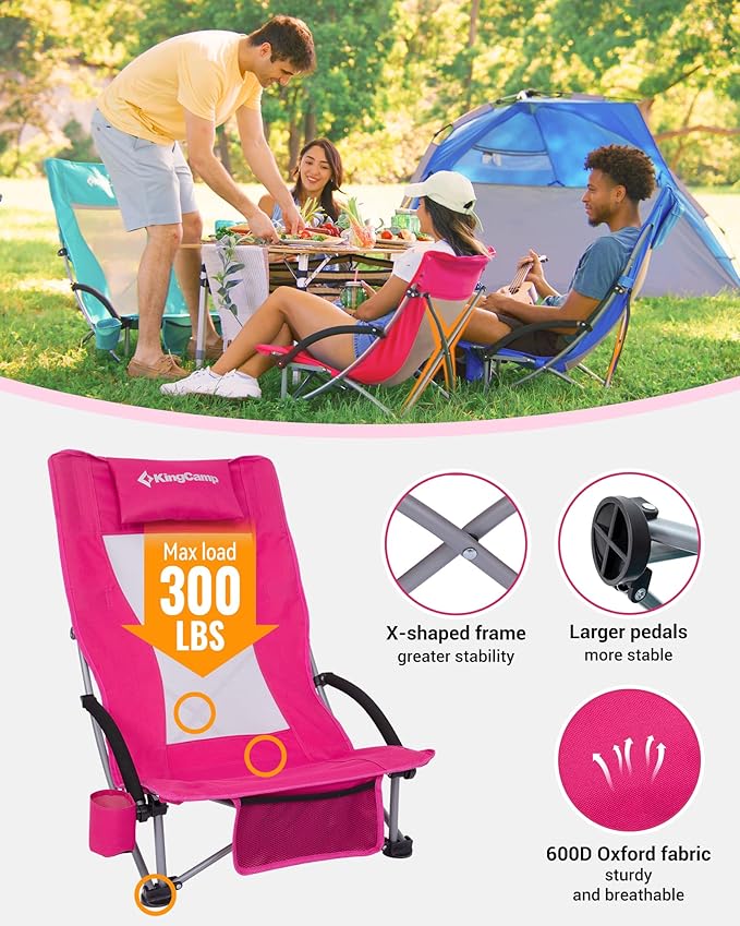 KingCamp Low Beach Chairs, Folding Portable Chair for Adults Lightweight Extra Wide Seat 300lbs Heavy Duty Oversized Backpack, Carry Bag for Camping