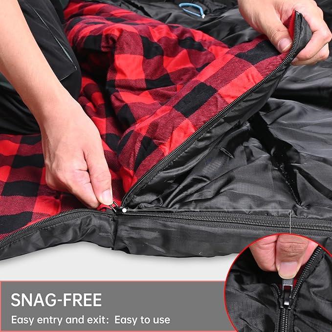 Double Sleeping Bag Cotton Flannel for Camping, Backpacking Or Hiking. Queen Size 2 Person Waterproof Sleeping Bag for Adults Or Teens. Lightweight with Compression Sack