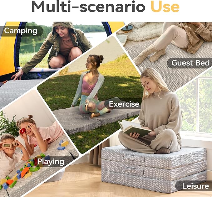 BDEUS Memory Foam Folding Mattress 4 Inch Cot Size with Protable Storage Bag, Trifold Mattress Topper Soft Guest Bed Floor Mat for Kids Camping Road Trip, Gray, 31 x 75 Inch