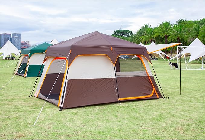 KTT Extra Large Tent 10-12-14 Person(A),Family Cabin Tents,2 Rooms,3 Doors and 3 Windows with Mesh,Straight Wall,Waterproof,Double Layer,Big Tent for Outdoor,Picnic,Camping,Family Gathering